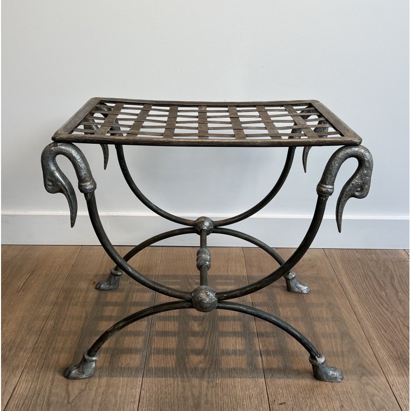 Neoclassical Steel Curule Stool with Duck Head Mounts Attributed to Maison Jansen, French Work, circa 1940