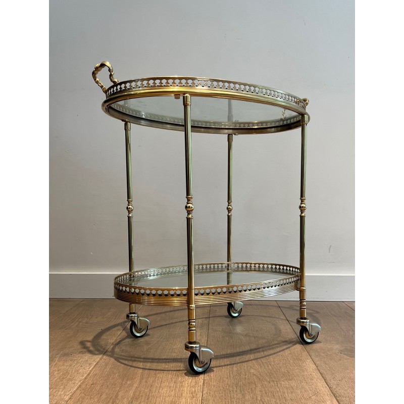 Oval Neoclassical Brass Drinks Trolley Attributed to Maison Jansen, French Work, circa 1940