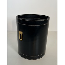 Black Leather and Brass Waste Paper Basket in the Style of Jacques Adnet, French Work, circa 1970