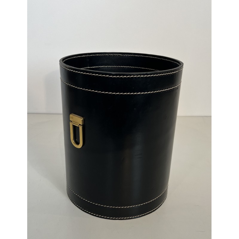 Black Leather and Brass Waste Paper Basket in the Style of Jacques Adnet, French Work, circa 1970