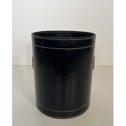 Black Leather and Brass Waste Paper Basket in the Style of Jacques Adnet, French Work, circa 1970