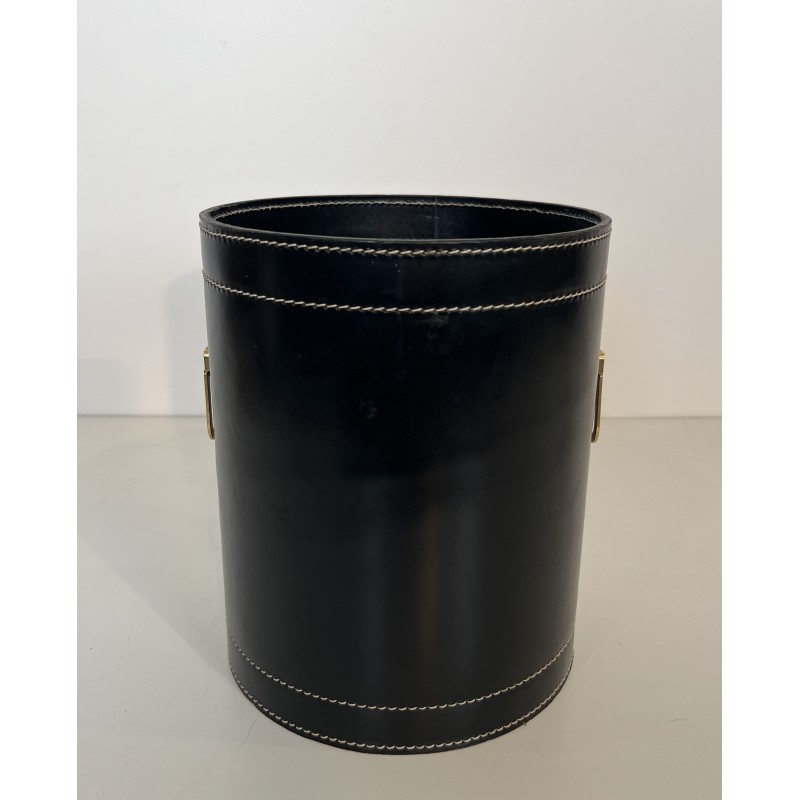 Black Leather and Brass Waste Paper Basket in the Style of Jacques Adnet, French Work, circa 1970