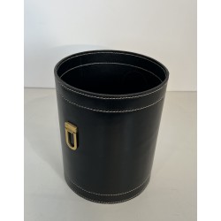 Black Leather and Brass Waste Paper Basket in the Style of Jacques Adnet, French Work, circa 1970