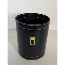 Black Leather and Brass Waste Paper Basket in the Style of Jacques Adnet, French Work, circa 1970