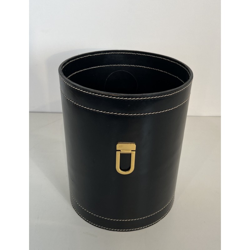 Black Leather and Brass Waste Paper Basket in the Style of Jacques Adnet, French Work, circa 1970