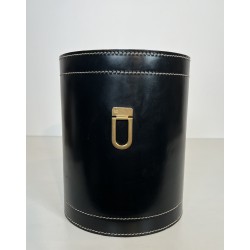 Corbeille de Bureau en Cuir Noir et Laiton dans le Goût de Jacques Adnet, Travail Français, vers 1970