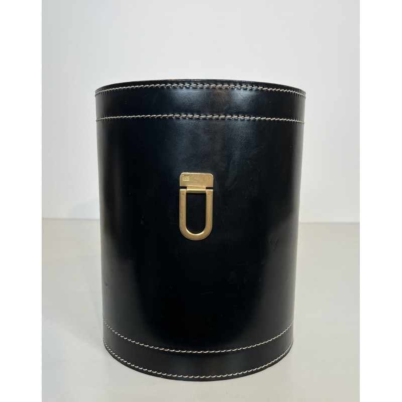 Black Leather and Brass Waste Paper Basket in the Style of Jacques Adnet, French Work, circa 1970