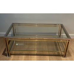 Table Basse Moderniste en Chrome et Métal Doré à Triple Pieds, dans le Goût de Willy Rizzo, Travail Français, vers 1970