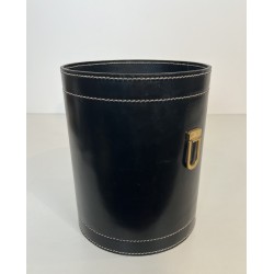 Black Leather and Brass Waste Paper Basket in the Style of Jacques Adnet, French Work, circa 1970