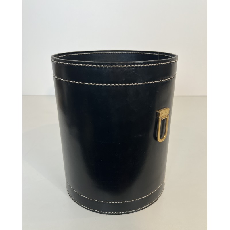 Black Leather and Brass Waste Paper Basket in the Style of Jacques Adnet, French Work, circa 1970