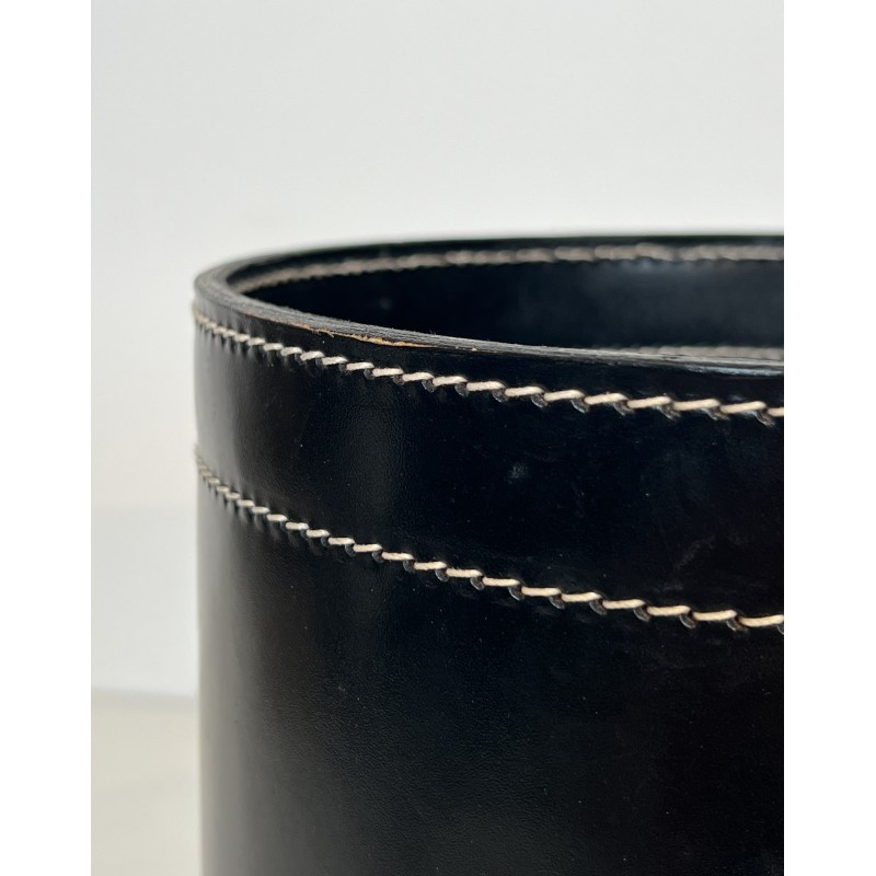 Black Leather and Brass Waste Paper Basket in the Style of Jacques Adnet, French Work, circa 1970