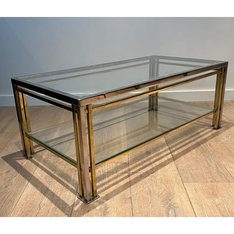 Table Basse Moderniste en Chrome et Métal Doré à Triple Pieds, dans le Goût de Willy Rizzo, Travail Français, vers 1970