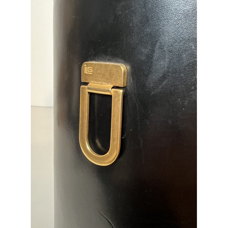 Black Leather and Brass Waste Paper Basket in the Style of Jacques Adnet, French Work, circa 1970