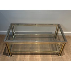 Table Basse Moderniste en Chrome et Métal Doré à Triple Pieds, dans le Goût de Willy Rizzo, Travail Français, vers 1970