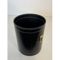 Black Leather and Brass Waste Paper Basket in the Style of Jacques Adnet, French Work, circa 1970