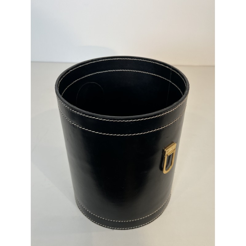 Black Leather and Brass Waste Paper Basket in the Style of Jacques Adnet, French Work, circa 1970