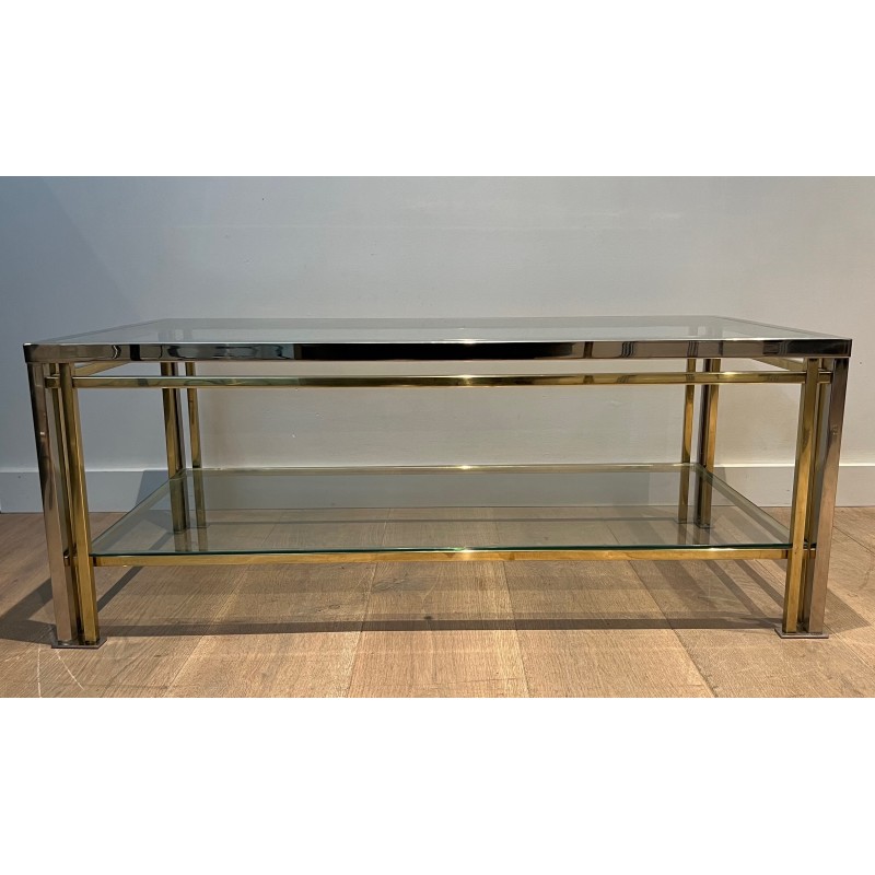 Table Basse Moderniste en Chrome et Métal Doré à Triple Pieds, dans le Goût de Willy Rizzo, Travail Français, vers 1970