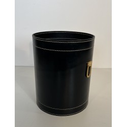 Black Leather and Brass Waste Paper Basket in the Style of Jacques Adnet, French Work, circa 1970