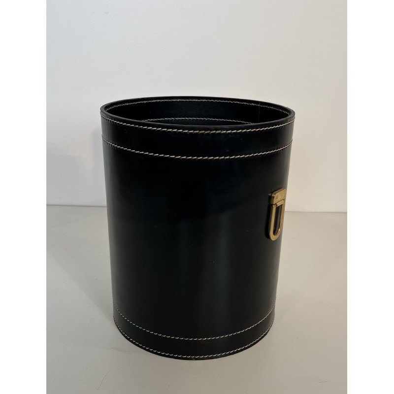 Black Leather and Brass Waste Paper Basket in the Style of Jacques Adnet, French Work, circa 1970