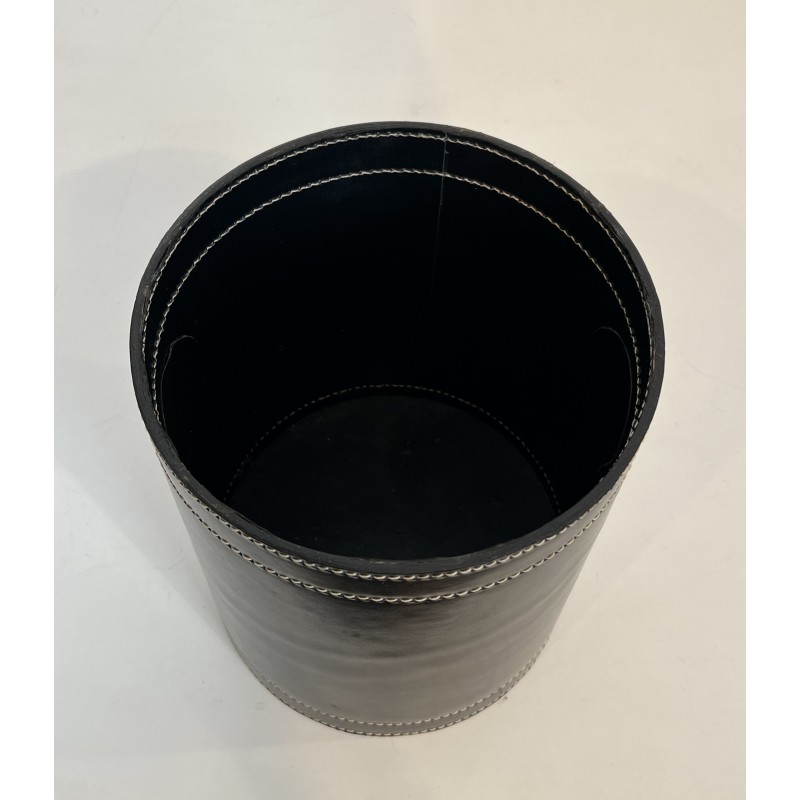 Black Leather and Brass Waste Paper Basket in the Style of Jacques Adnet, French Work, circa 1970