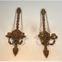 Important Pair of Louis the 16th Style Gilded Carved Wood Wall Sconces with Crystal Garlands