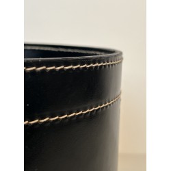 Black Leather and Brass Waste Paper Basket in the Style of Jacques Adnet, French Work, circa 1970