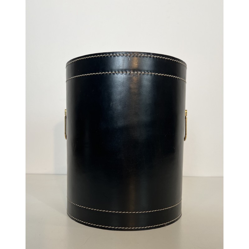 Black Leather and Brass Waste Paper Basket in the Style of Jacques Adnet, French Work, circa 1970