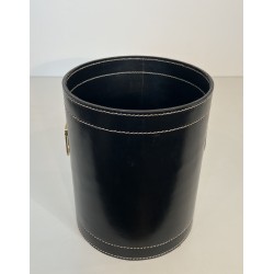 Black Leather and Brass Waste Paper Basket in the Style of Jacques Adnet, French Work, circa 1970
