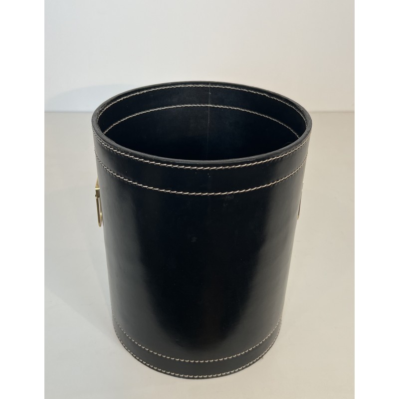 Black Leather and Brass Waste Paper Basket in the Style of Jacques Adnet, French Work, circa 1970