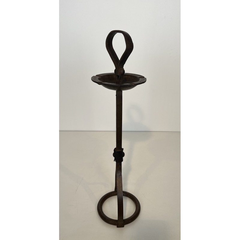 Steel and Leather Ashtray on Stand by Jacques Adnet, French Work, circa 1950