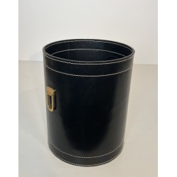 Black Leather and Brass Waste Paper Basket in the Style of Jacques Adnet, French Work, circa 1970