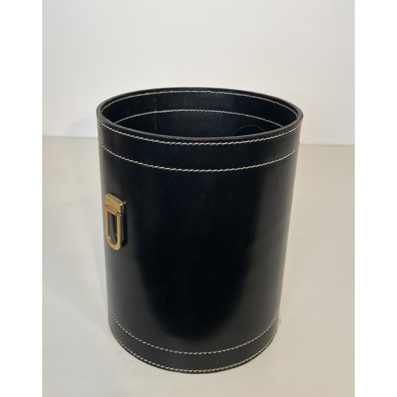 Black Leather and Brass Waste Paper Basket in the Style of Jacques Adnet, French Work, circa 1970