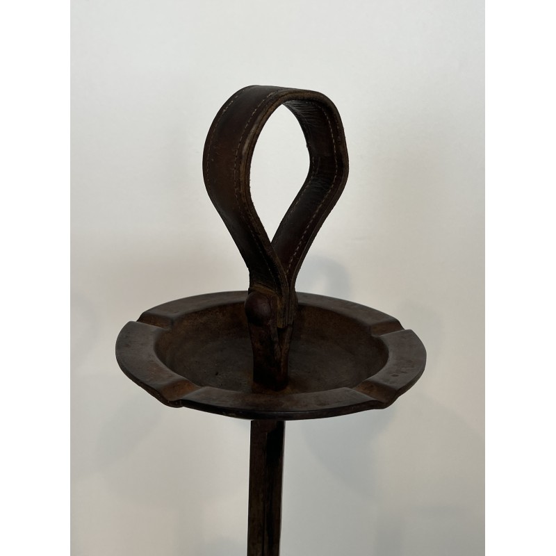Steel and Leather Ashtray on Stand by Jacques Adnet, French Work, circa 1950