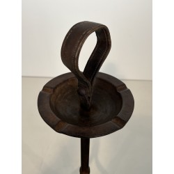Steel and Leather Ashtray on Stand by Jacques Adnet, French Work, circa 1950