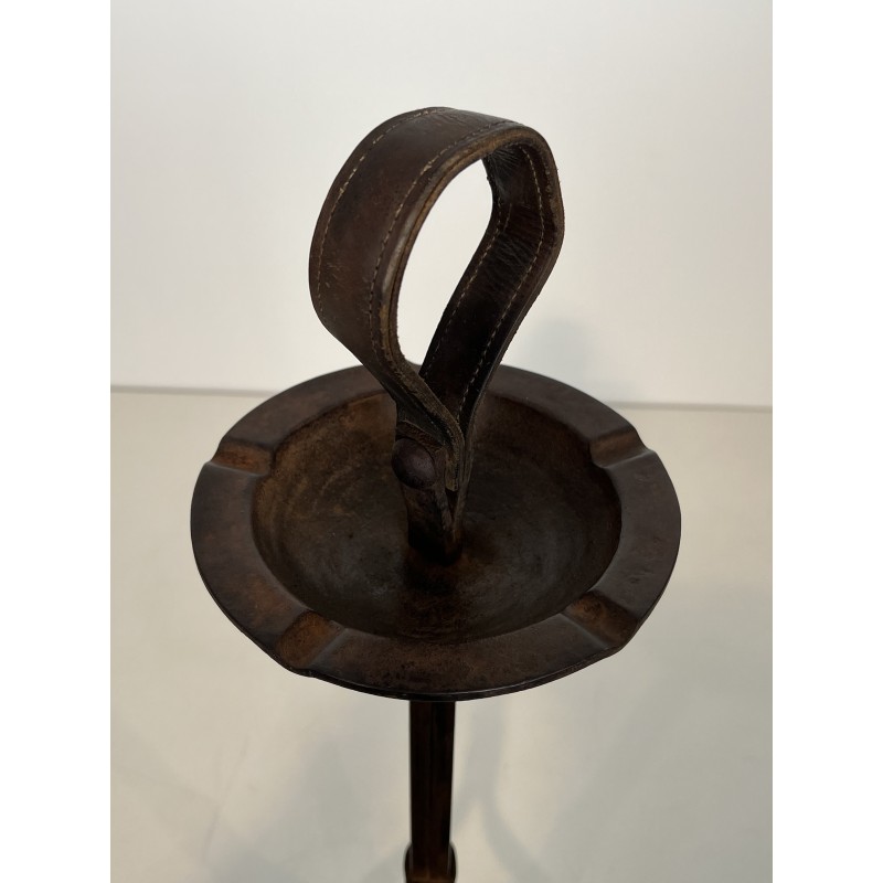 Steel and Leather Ashtray on Stand by Jacques Adnet, French Work, circa 1950
