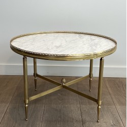 Table Basse Ronde Néoclassique en Laiton et Marbre de Carrare, Maison Jansen, Travail Français, vers 1940
