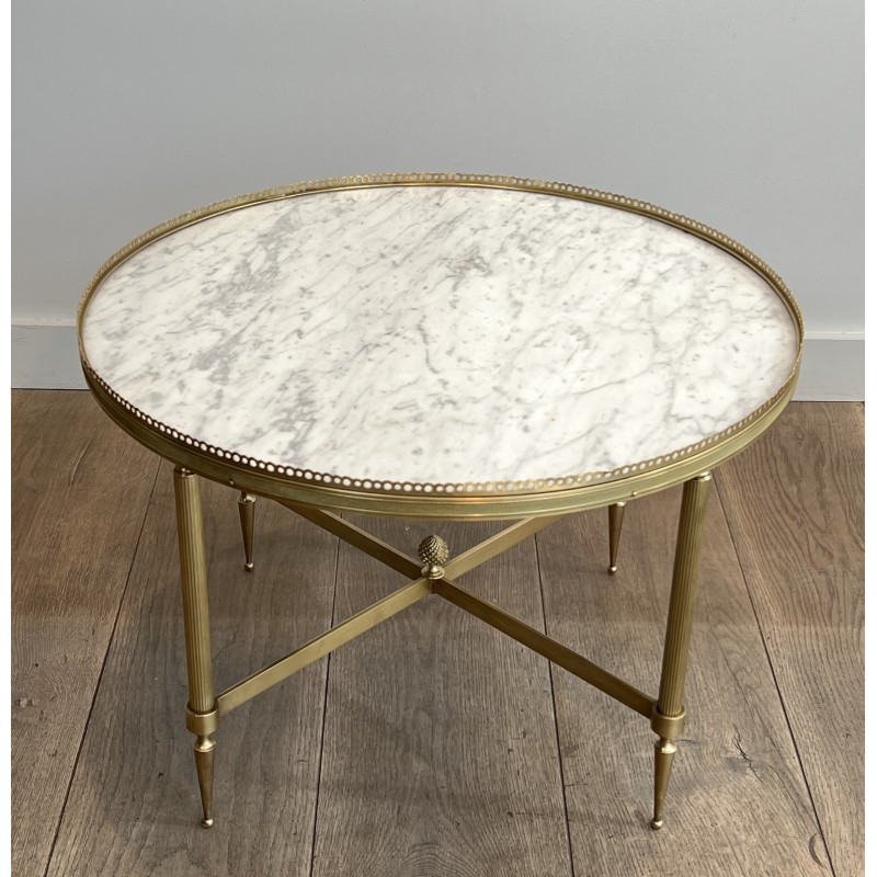 Neoclassical Round Brass Coffee Table with Carrara Marble Top by Maison Jansen, French Work, circa 1940