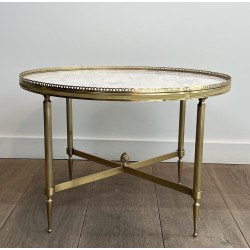 Table Basse Ronde Néoclassique en Laiton et Marbre de Carrare, Maison Jansen, Travail Français, vers 1940