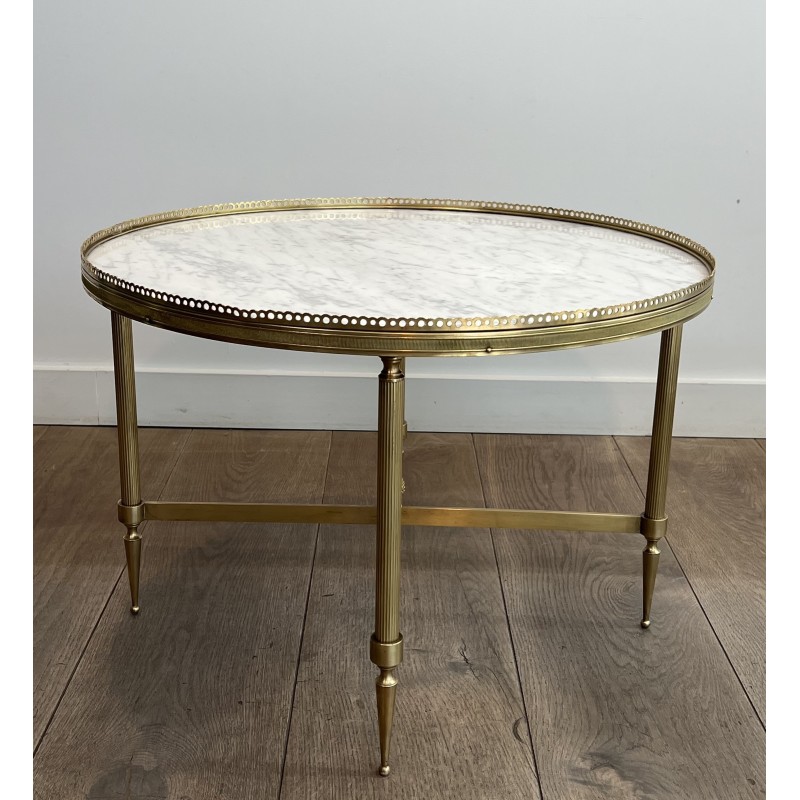 Neoclassical Round Brass Coffee Table with Carrara Marble Top by Maison Jansen, French Work, circa 1940