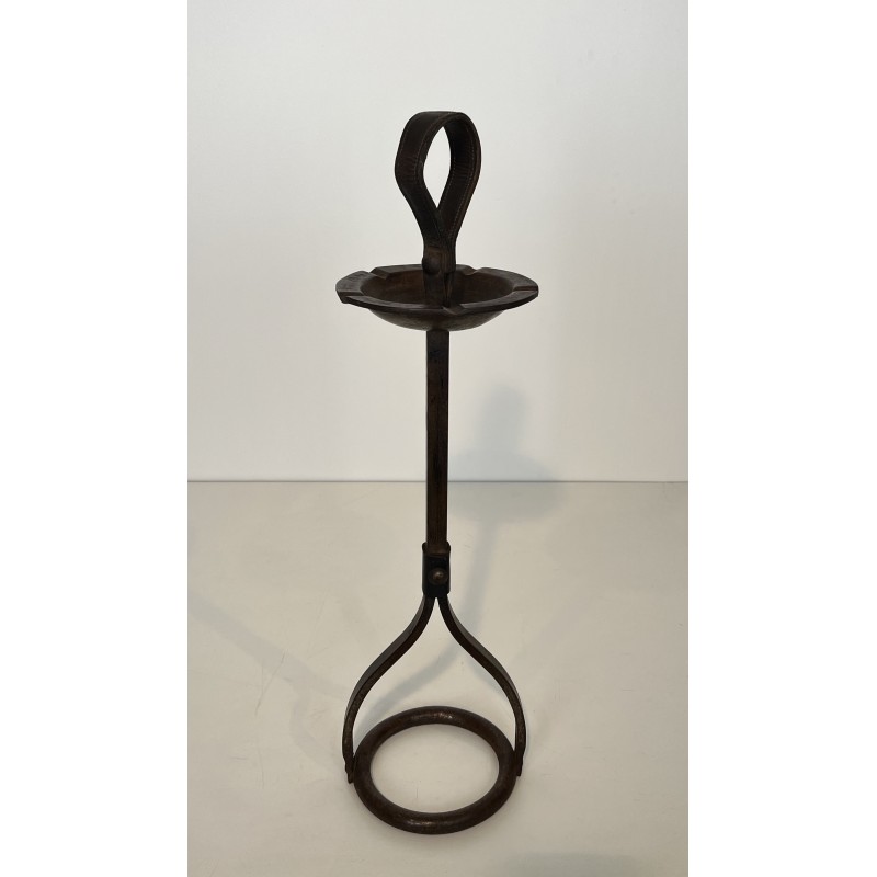 Steel and Leather Ashtray on Stand by Jacques Adnet, French Work, circa 1950