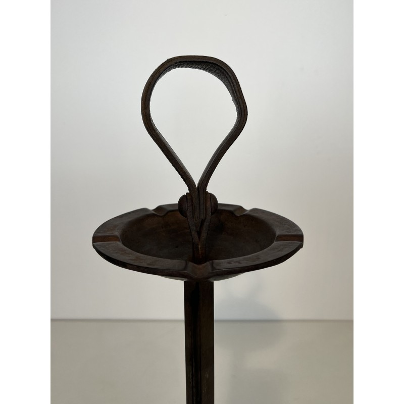 Steel and Leather Ashtray on Stand by Jacques Adnet, French Work, circa 1950