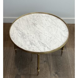 Table Basse Ronde Néoclassique en Laiton et Marbre de Carrare, Maison Jansen, Travail Français, vers 1940