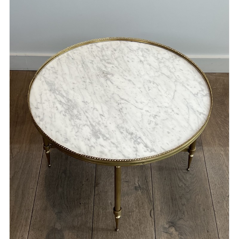 Neoclassical Round Brass Coffee Table with Carrara Marble Top by Maison Jansen, French Work, circa 1940