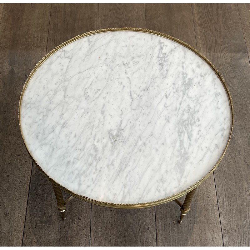 Table Basse Ronde Néoclassique en Laiton et Marbre de Carrare, Maison Jansen, Travail Français, vers 1940