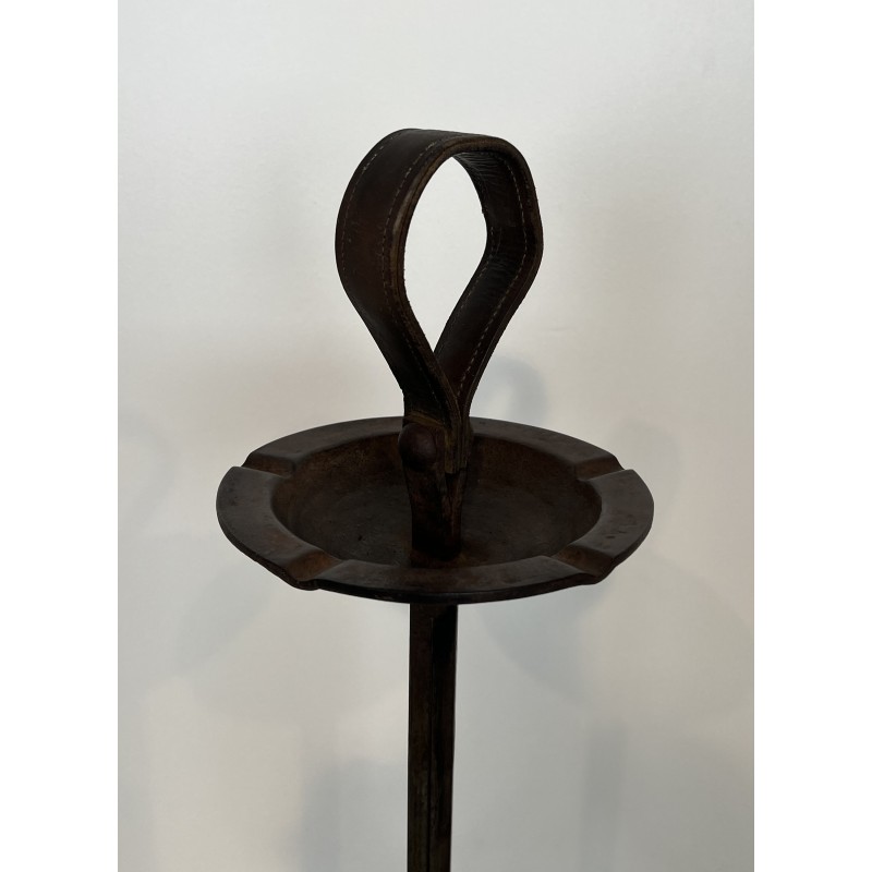 Steel and Leather Ashtray on Stand by Jacques Adnet, French Work, circa 1950