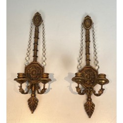 Important Pair of Louis the 16th Style Gilded Carved Wood Wall Sconces with Crystal Garlands