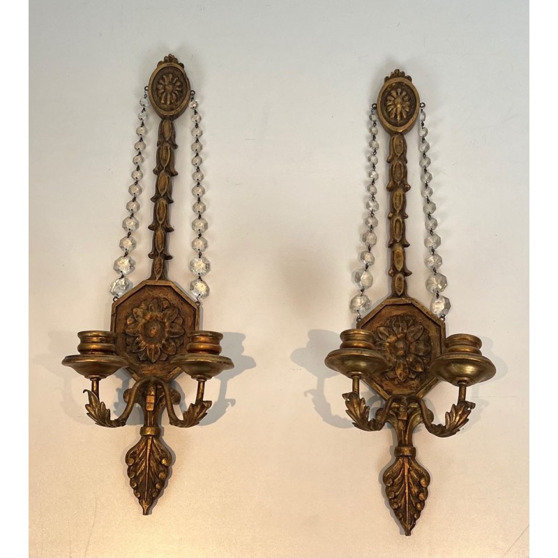 Important Pair of Louis the 16th Style Gilded Carved Wood Wall Sconces with Crystal Garlands