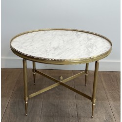 Neoclassical Round Brass Coffee Table with Carrara Marble Top by Maison Jansen, French Work, circa 1940