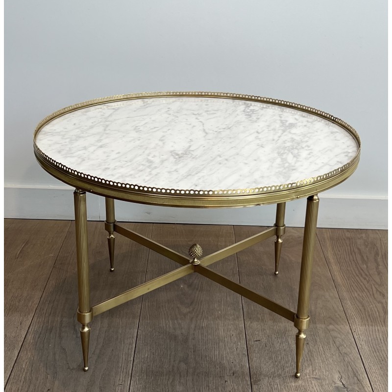 Table Basse Ronde Néoclassique en Laiton et Marbre de Carrare, Maison Jansen, Travail Français, vers 1940