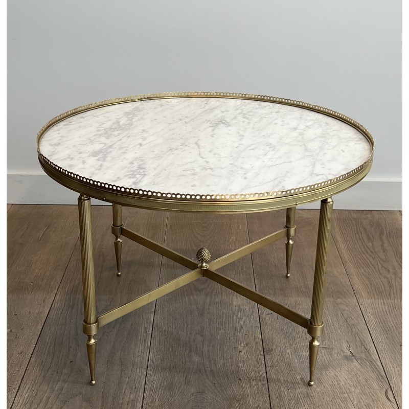 Table Basse Ronde Néoclassique en Laiton et Marbre de Carrare, Maison Jansen, Travail Français, vers 1940
